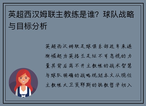 英超西汉姆联主教练是谁？球队战略与目标分析